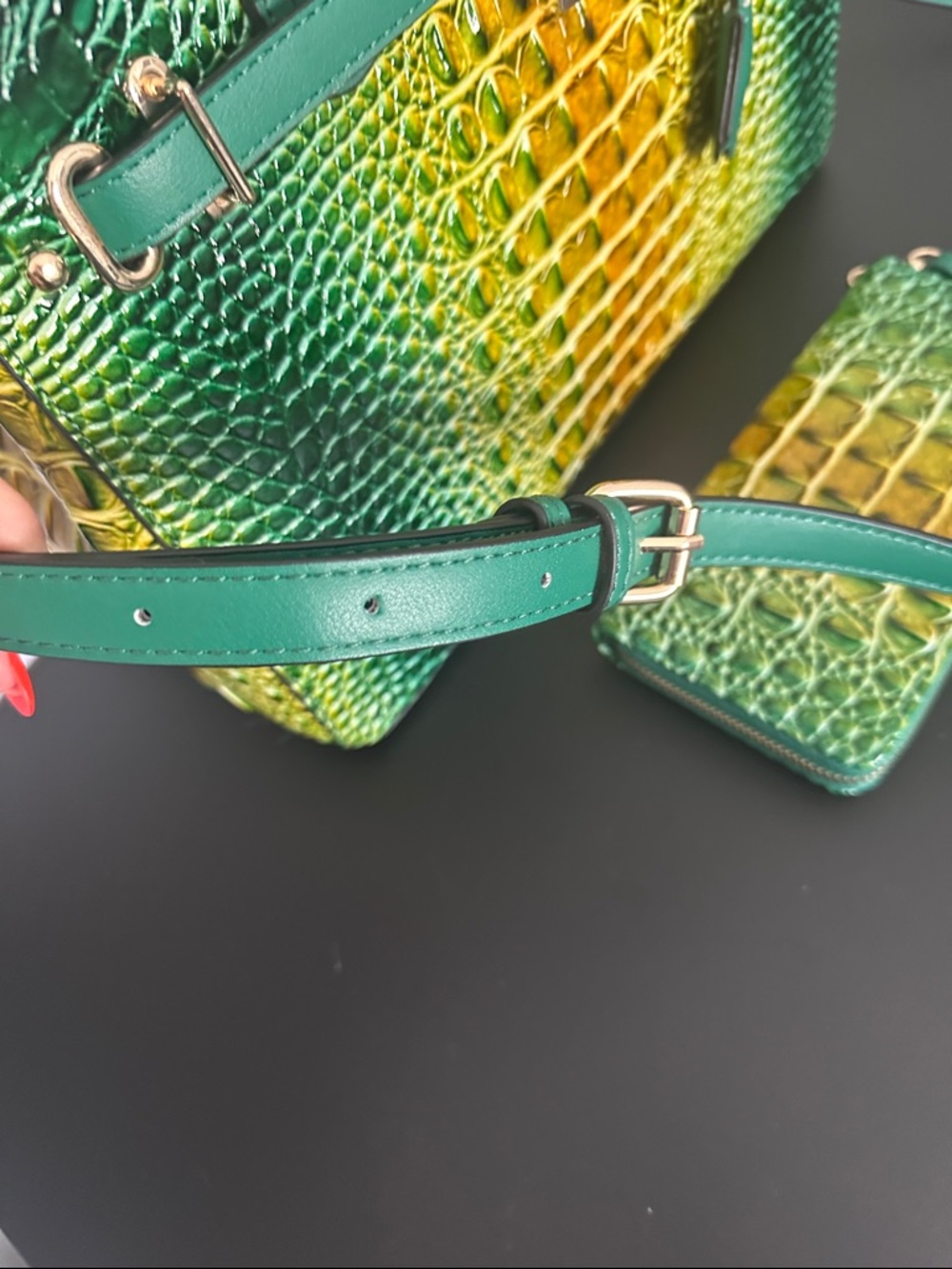Green & Yellow Croc-Embossed Satchel with Detachable Strap - Picture 6 of 13
